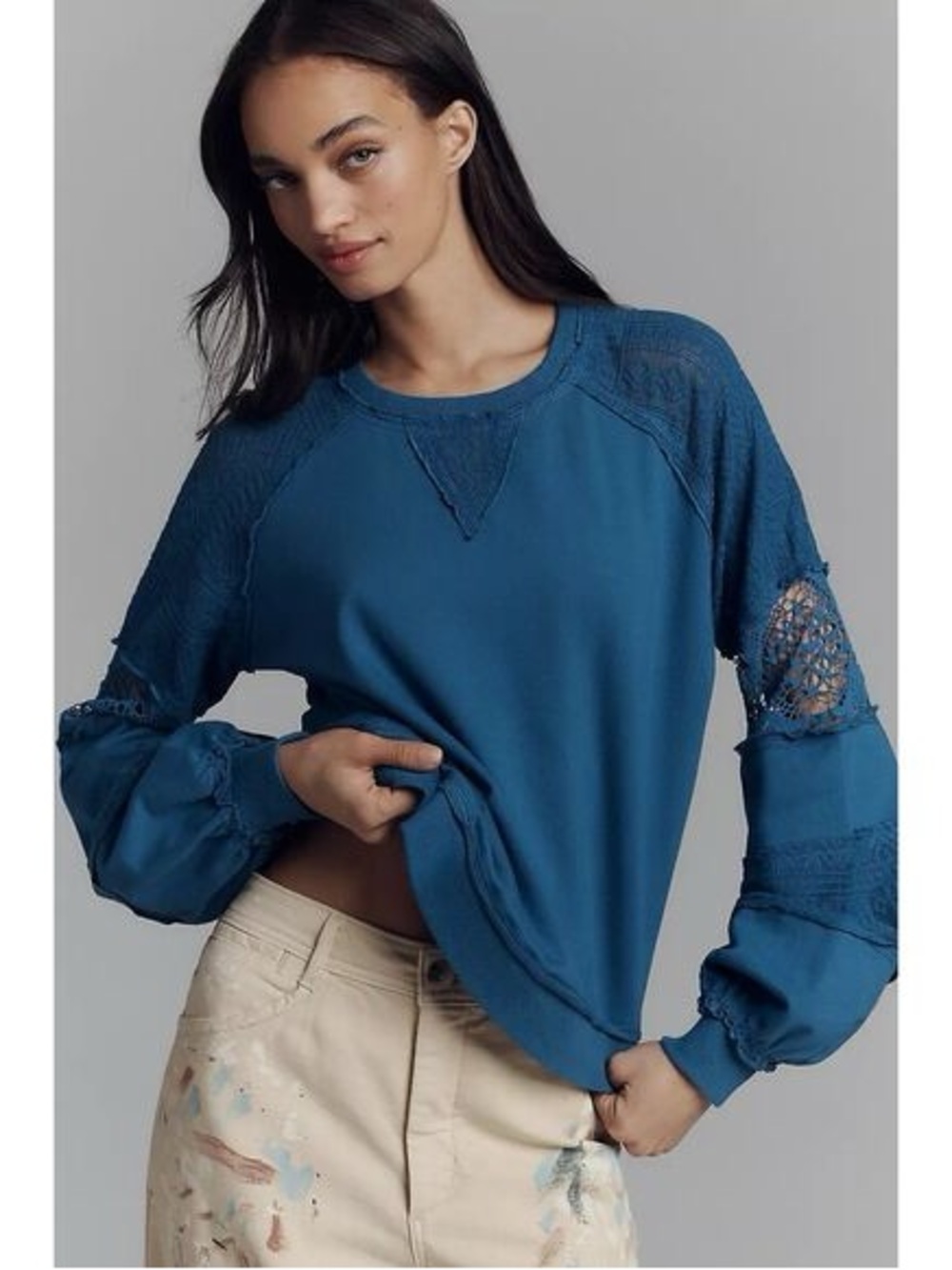 Nwot Anthropologie Teal Lace-Trim Long Sleeve Pullover